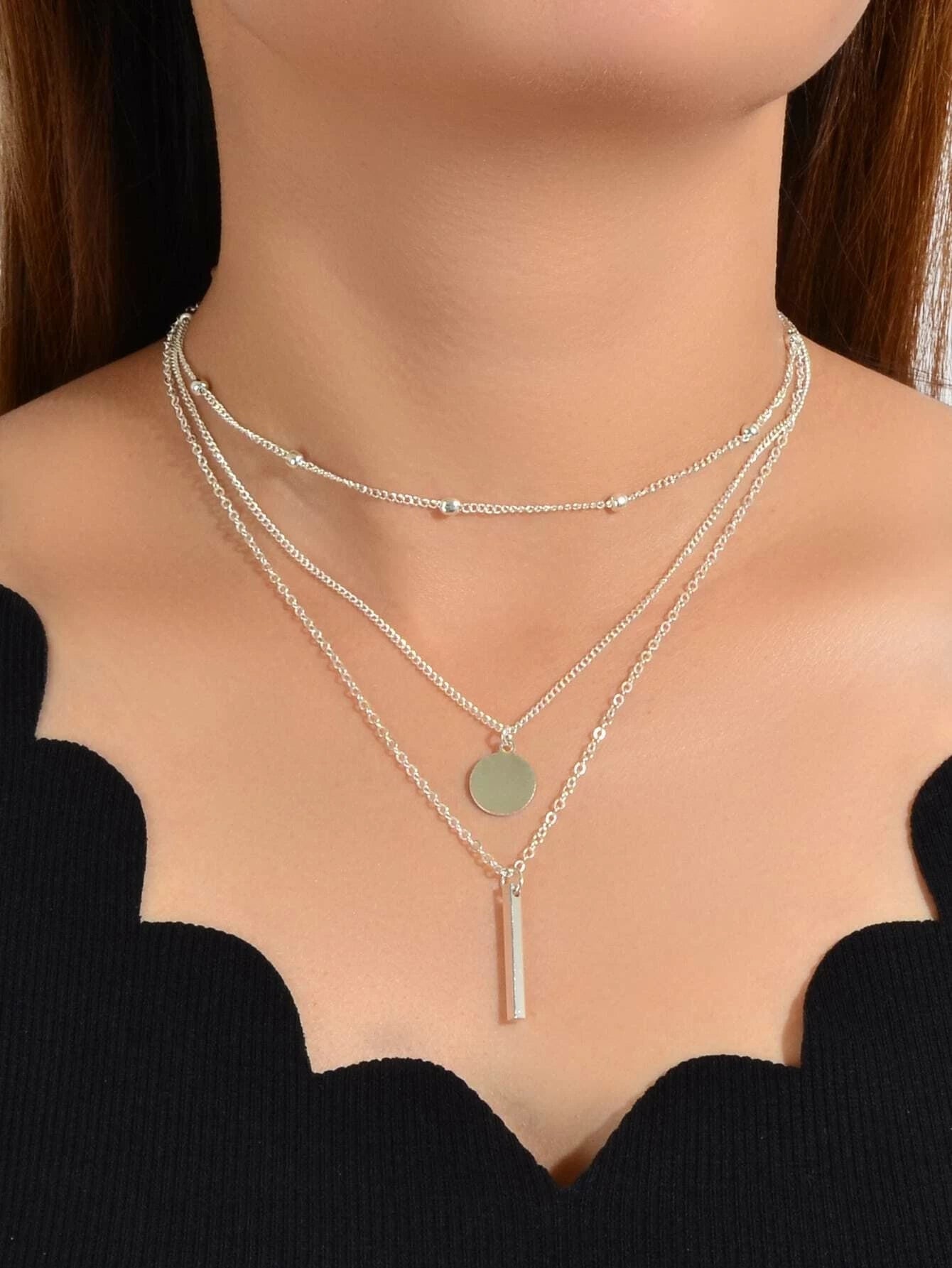 Boho Multi-Layer 3pcs Bar Disc Charm Metal Round Beads Chain Choker Necklace