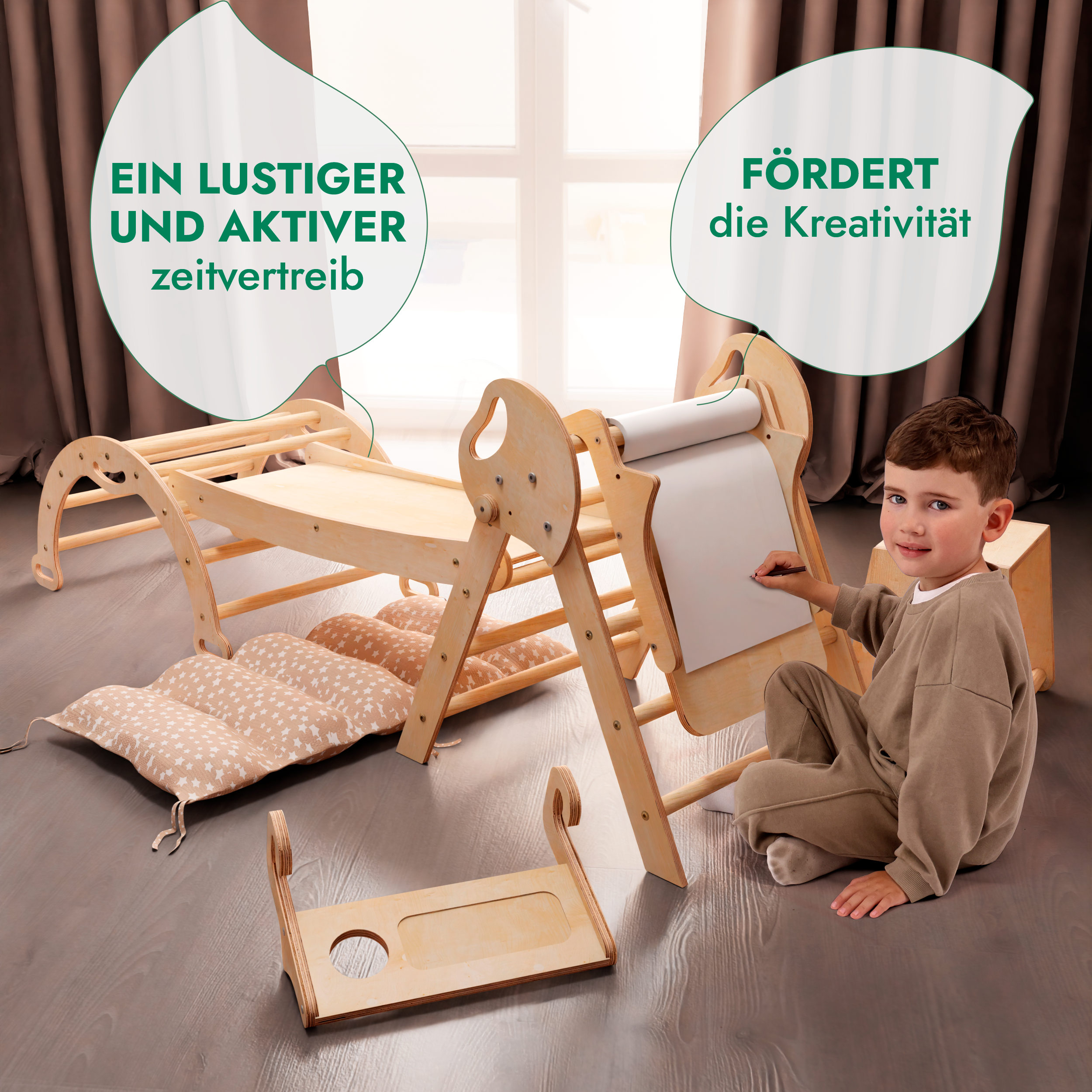 Montessori 5in1 Kletterdreieck für Babys: Pikler-Dreieck, Kletterbogen, Kunst-Erweiterung ,Rutschbrett und Kissen für Kleinkinder (1–3 Jahre)-3