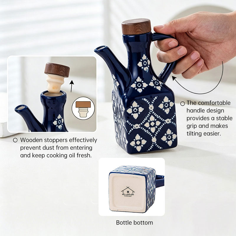 Ceramic Oil & Vinegar Cruet Set with Cork Stoppers – Kitchen Seasoning Bottles
