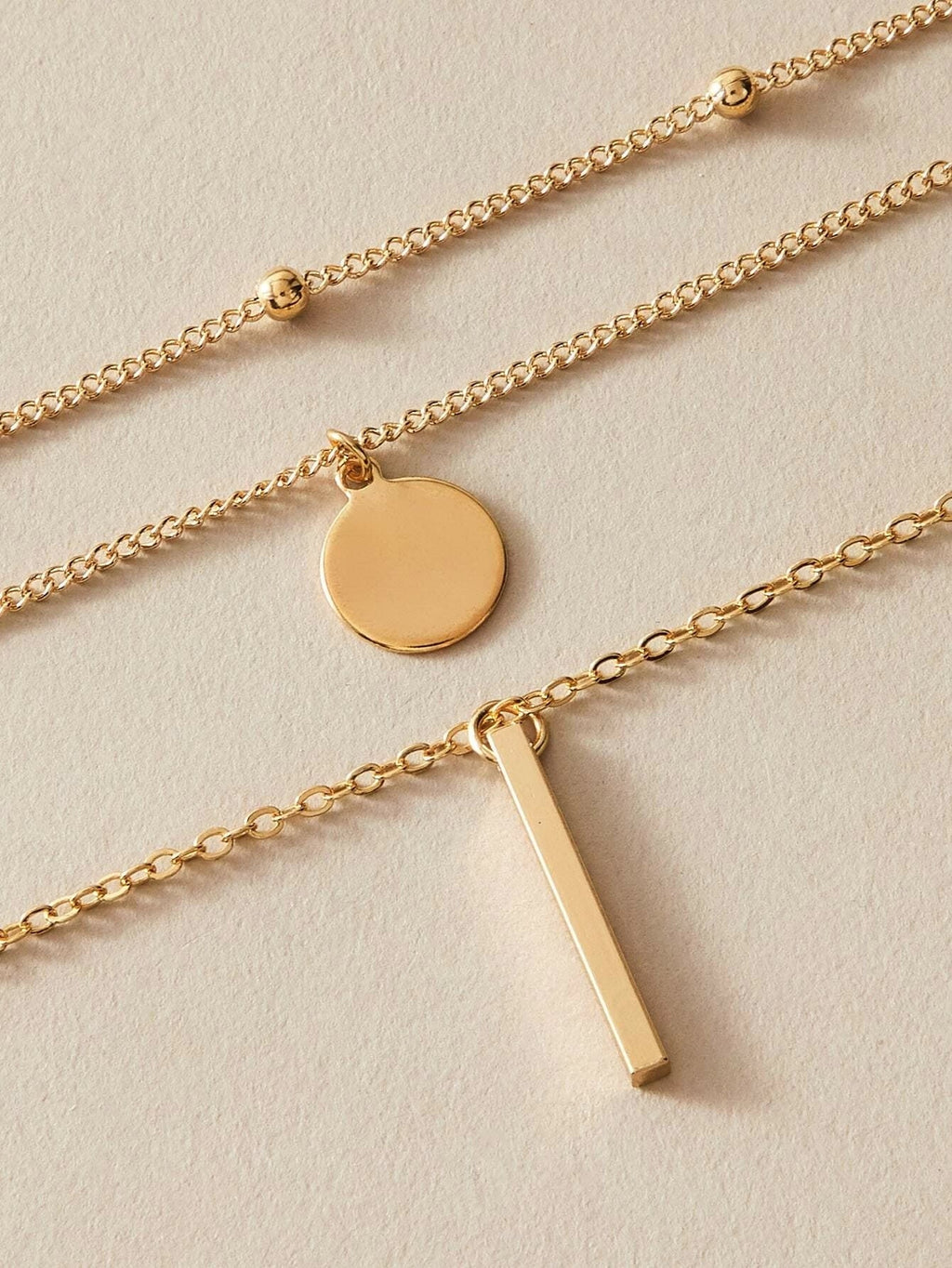 Boho Multi-Layer 3pcs Bar Disc Charm Metal Round Beads Chain Choker Necklace