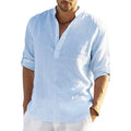 Men's Loose Fit Stand Collar Half-Open Shirt Solid Color Long Sleeve Cotton Top Big Size Shirt