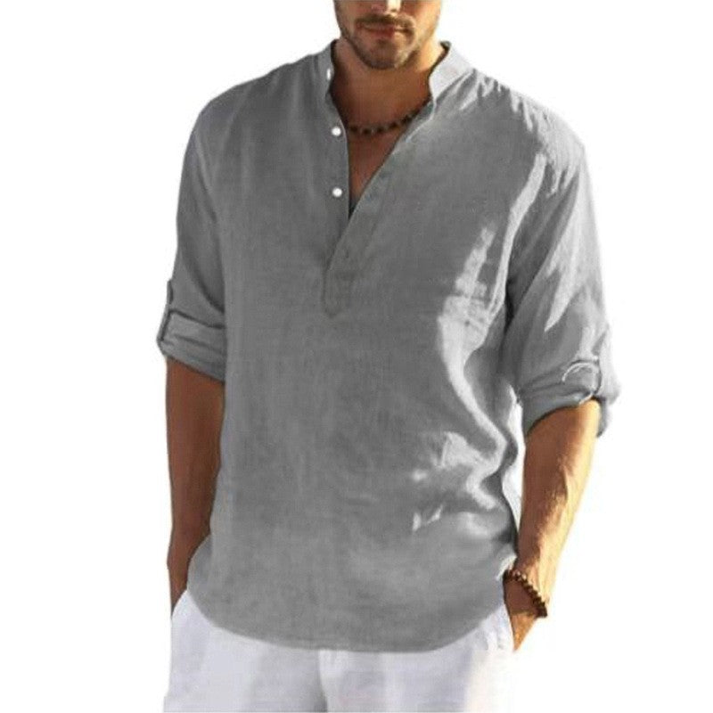 Men's Loose Fit Stand Collar Half-Open Shirt Solid Color Long Sleeve Cotton Top Big Size Shirt
