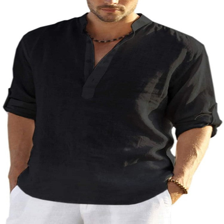 Men's Loose Fit Stand Collar Half-Open Shirt Solid Color Long Sleeve Cotton Top Big Size Shirt
