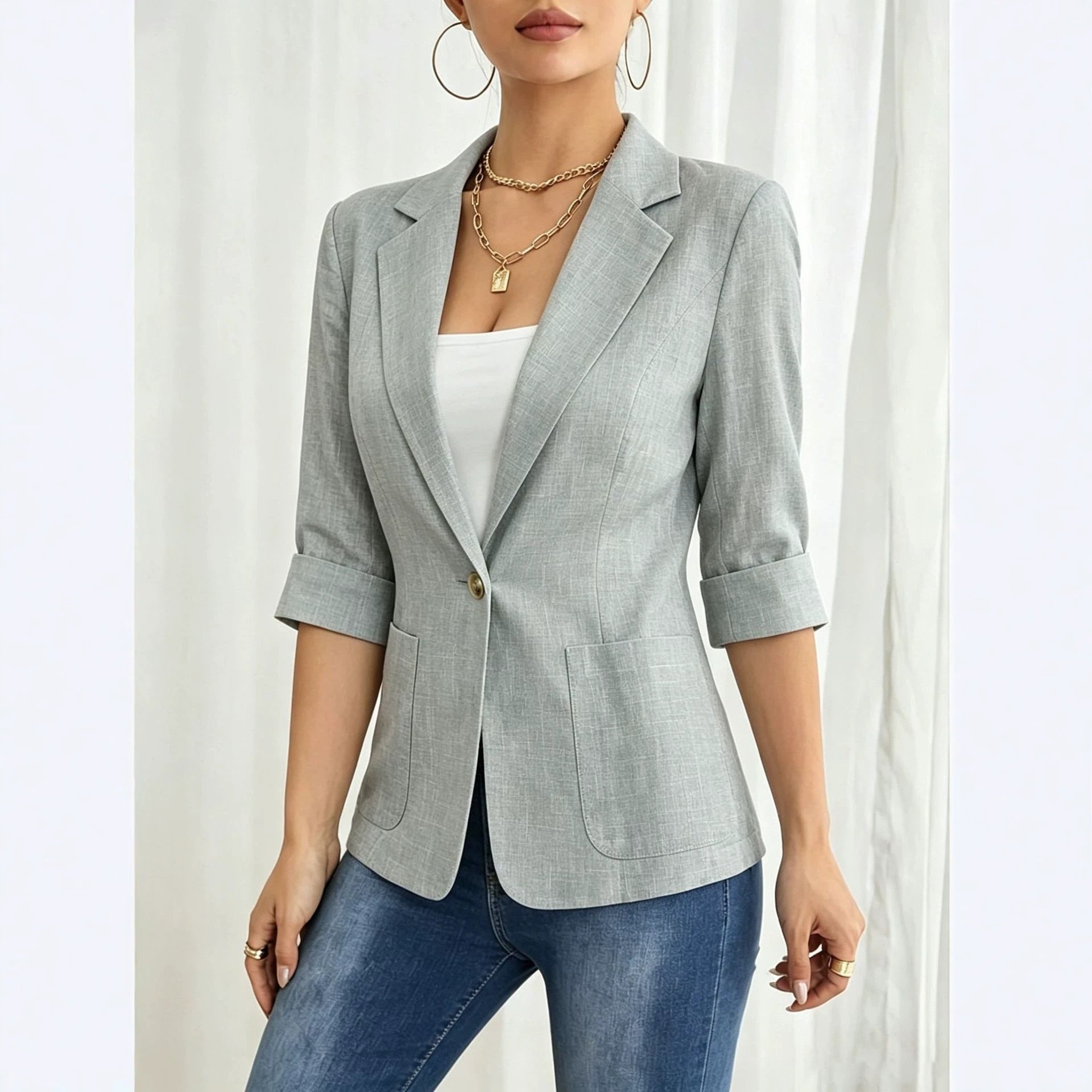 Solid color pocket small suit jacket women's button up top