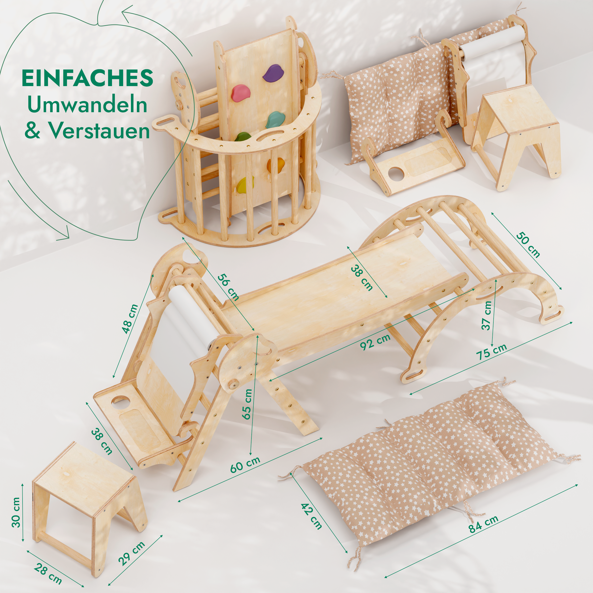 Montessori 5in1 Kletterdreieck für Babys: Pikler-Dreieck, Kletterbogen, Kunst-Erweiterung ,Rutschbrett und Kissen für Kleinkinder (1–3 Jahre)-1