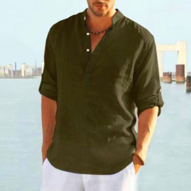 Men's Loose Fit Stand Collar Half-Open Shirt Solid Color Long Sleeve Cotton Top Big Size Shirt