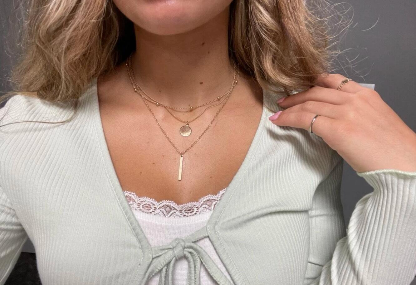 Boho Multi-Layer 3pcs Bar Disc Charm Metal Round Beads Chain Choker Necklace