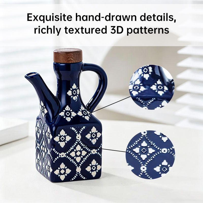 Ceramic Oil & Vinegar Cruet Set with Cork Stoppers – Kitchen Seasoning Bottles