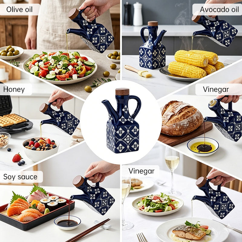 Ceramic Oil & Vinegar Cruet Set with Cork Stoppers – Kitchen Seasoning Bottles