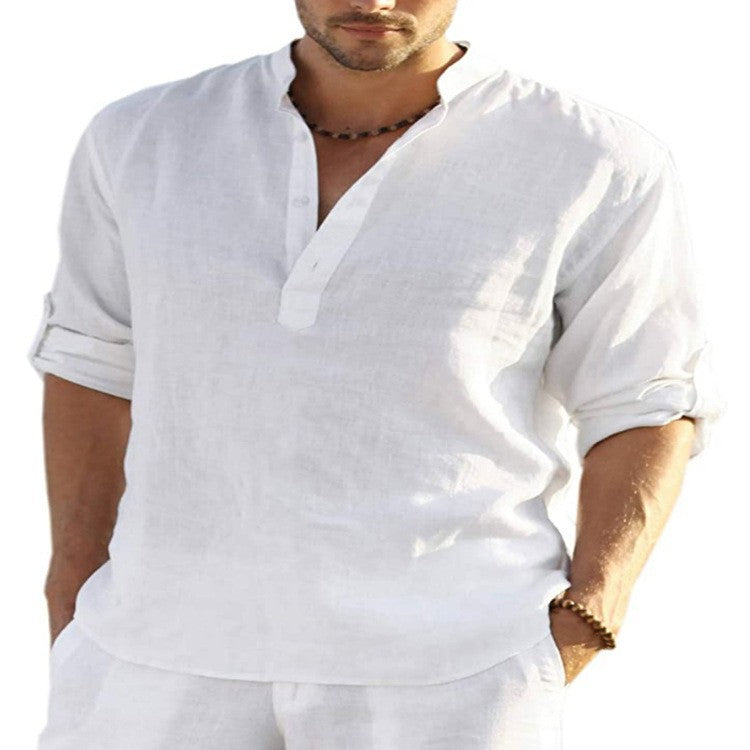Men's Loose Fit Stand Collar Half-Open Shirt Solid Color Long Sleeve Cotton Top Big Size Shirt