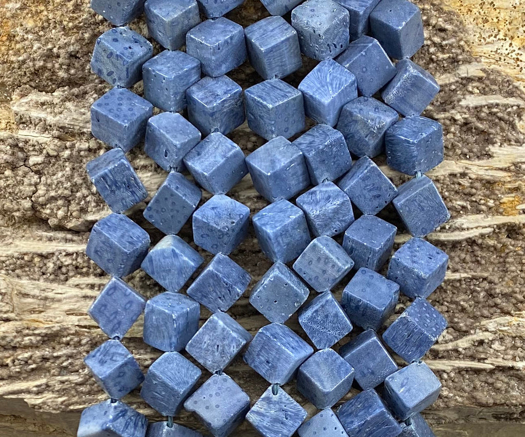 Natural Blue Coral Side Hole Cube 8-9mm 12-13mm-3